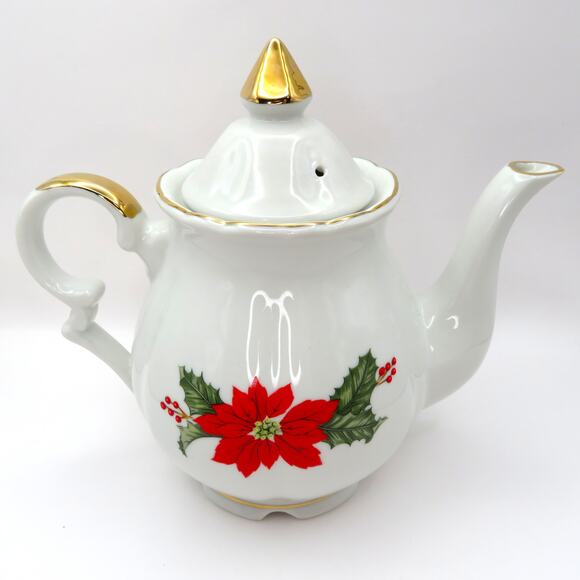 Lefton Christmas Teapot 1987 Poinsettia Holly Gold Trim Holiday Serveware Japan - Picture 4 of 16